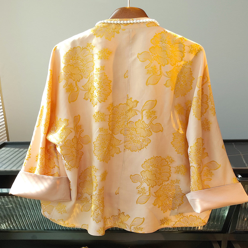 Yellow modified new Chinese style mulberry silk shirt with women s design sense Ni Ni s same retro button long sleeved silk top image 2
