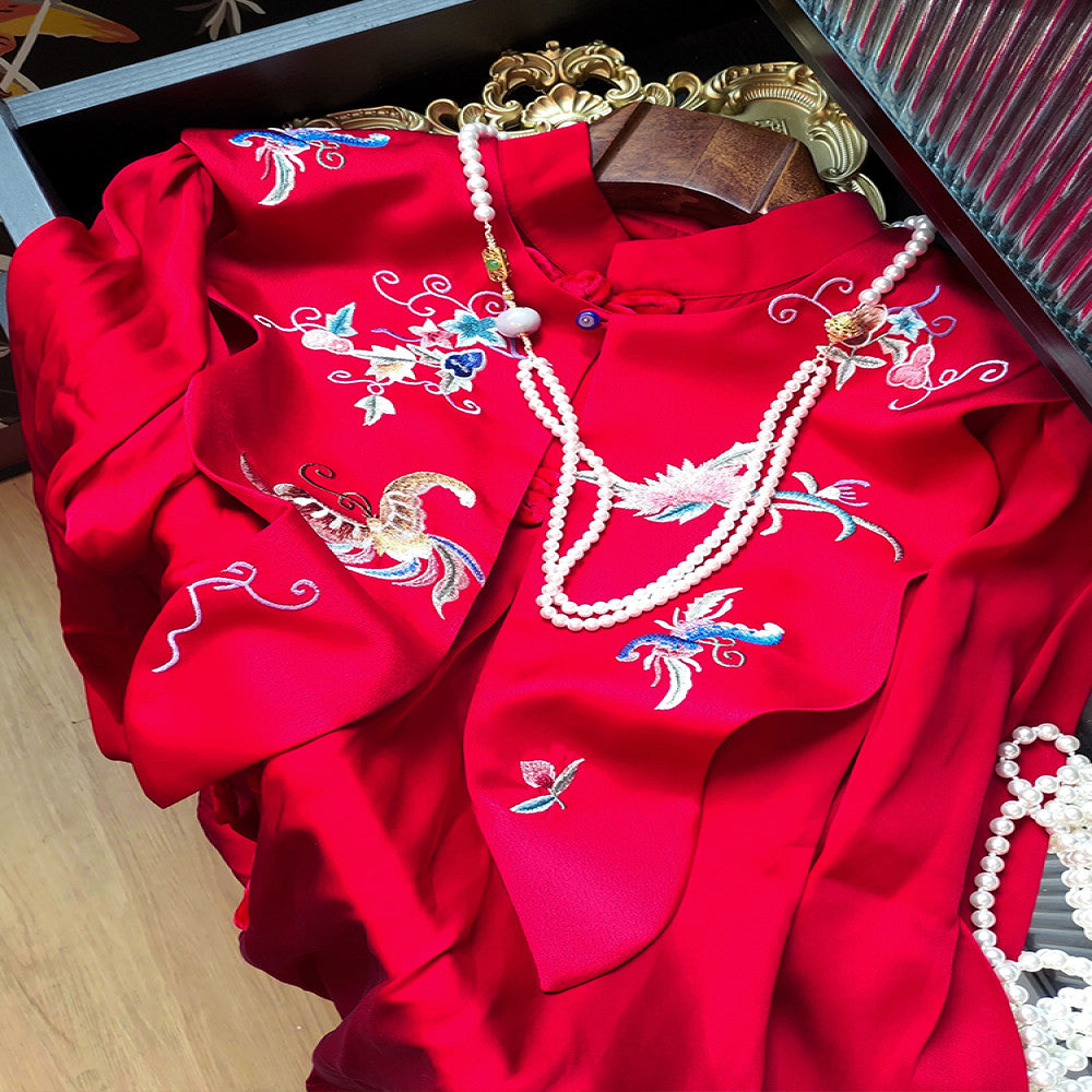 Red New Chinese Style Versatile Cloud Shoulder Decoration Fake Neck Women s Design Sense Retro Embroidered Acetate Satin Xialuo Shawl image 0