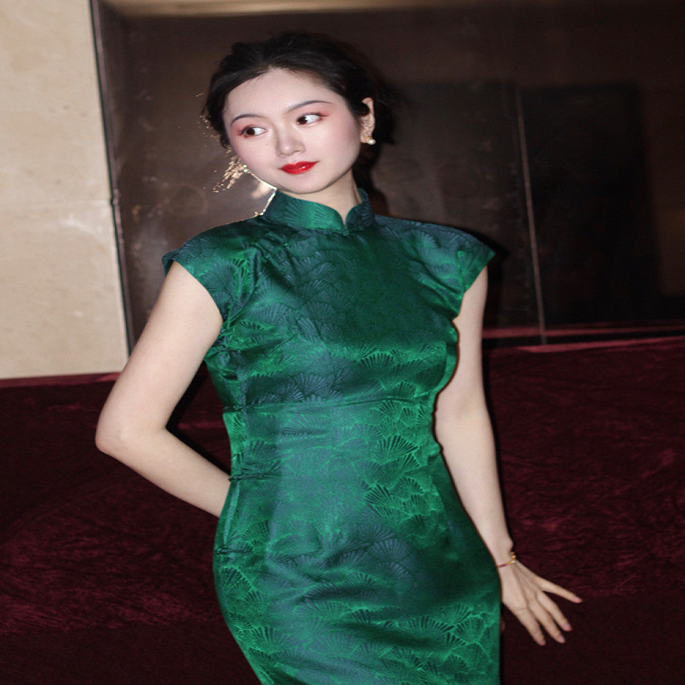 Tang Zhiyu Vintage Sleeved Young Long Silk Jacquard Fabric Handmade Beautiful Green Cheongsam The Journey of a Legendary Landscape Painting image 4