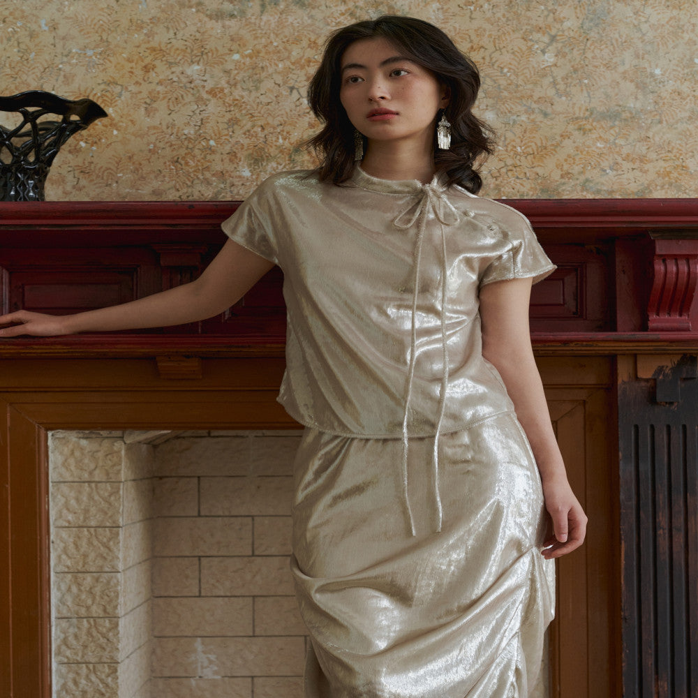 YUANYE Yuan Ye Fine Sparkling Champagne Shining Silk Original Innovative Chinese Stand up Collar Short Sleeve Folded Half Skirt Set Light Dress image 3