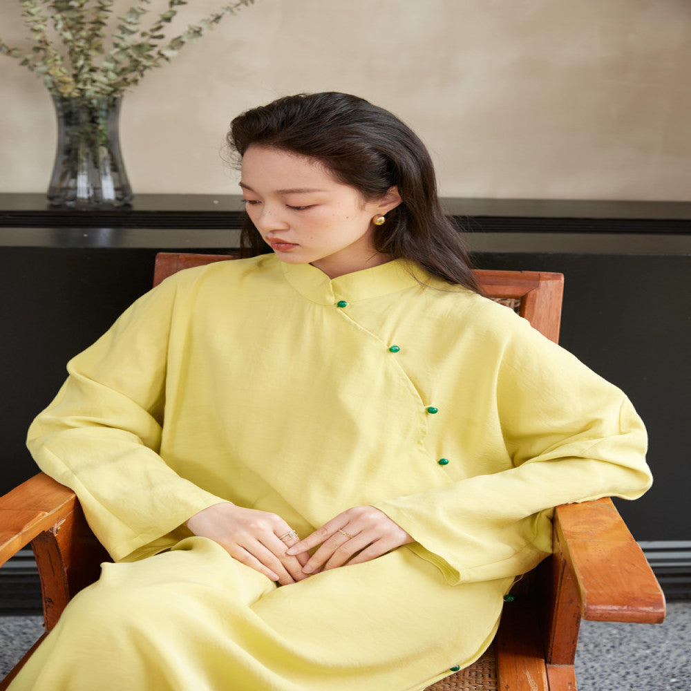 TAORAN Women s New Chinese Style Dress Spring New Solid Color Dress Young Cheongsam Stand up Collar Long Dress image 1