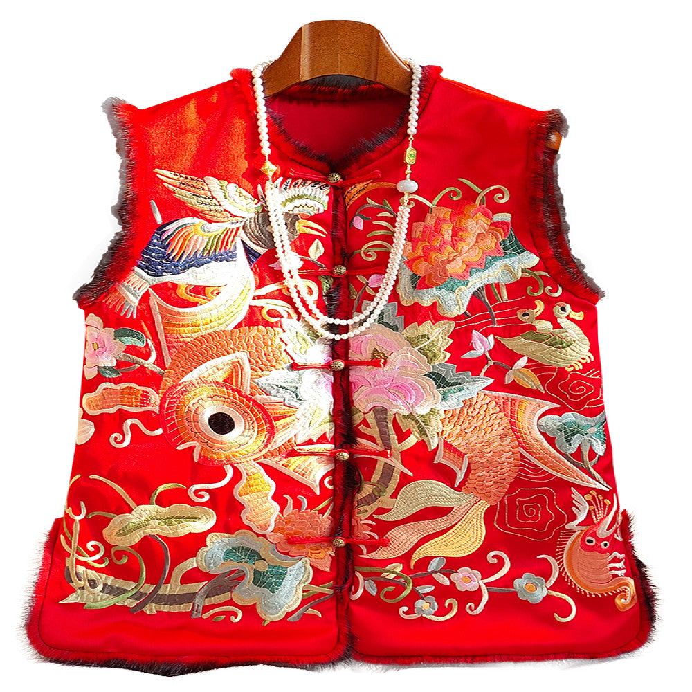 Red new Chinese style vinegar cotton vest women s winter retro heavy embroidery mink fur thick coat cotton jacket image 26