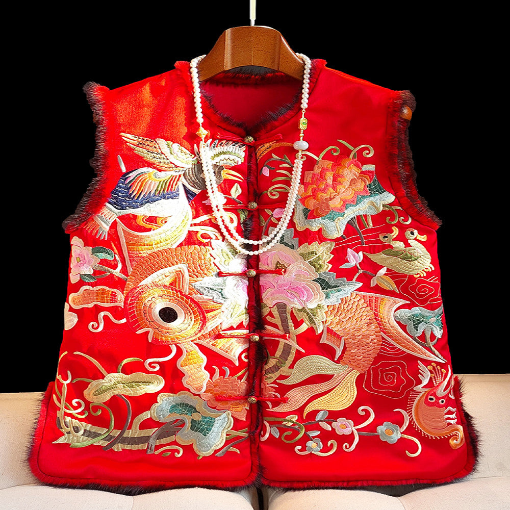 Red new Chinese style vinegar cotton vest women s winter retro heavy embroidery mink fur thick coat cotton jacket image 0