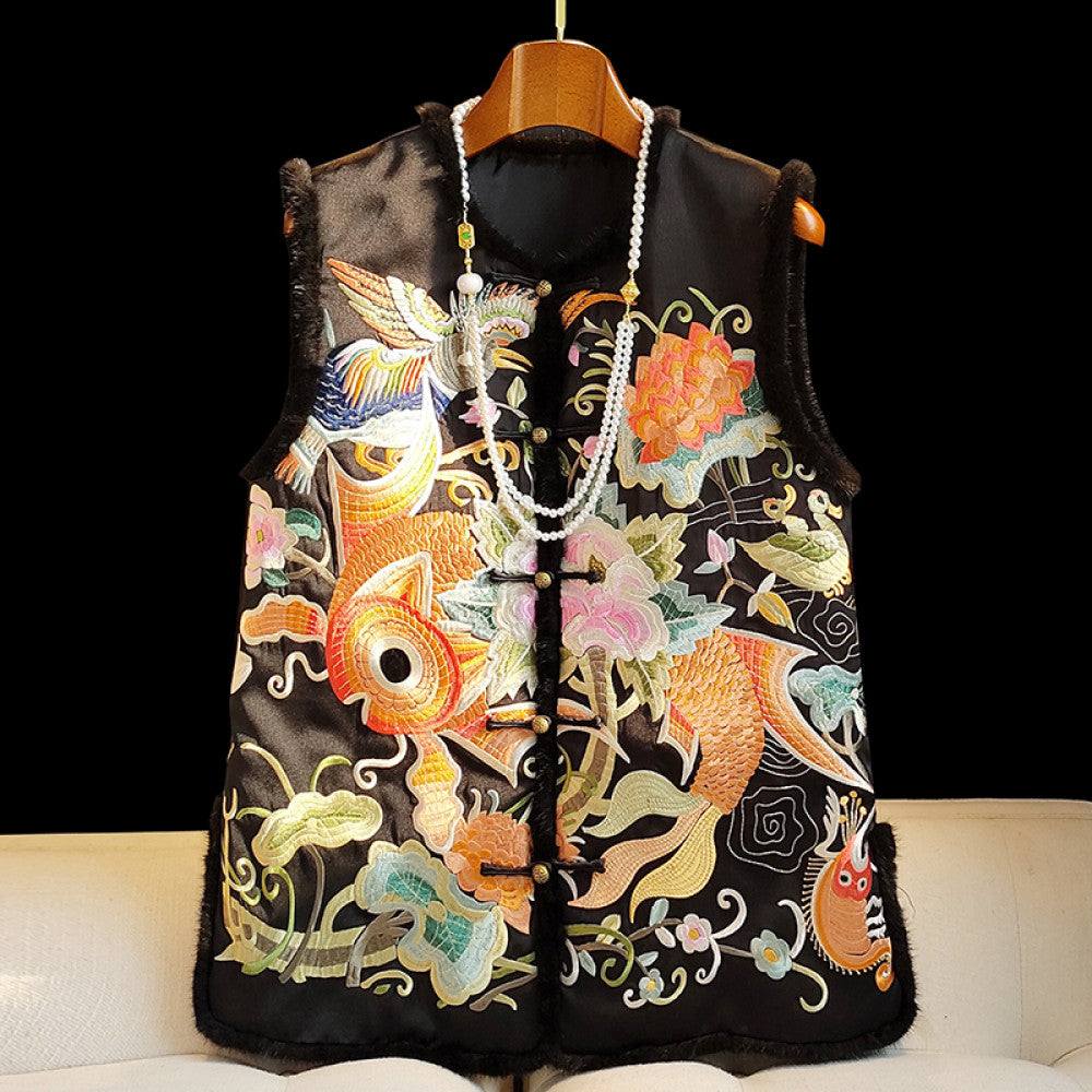 Red new Chinese style vinegar cotton vest women s winter retro heavy embroidery mink fur thick coat cotton jacket image 31