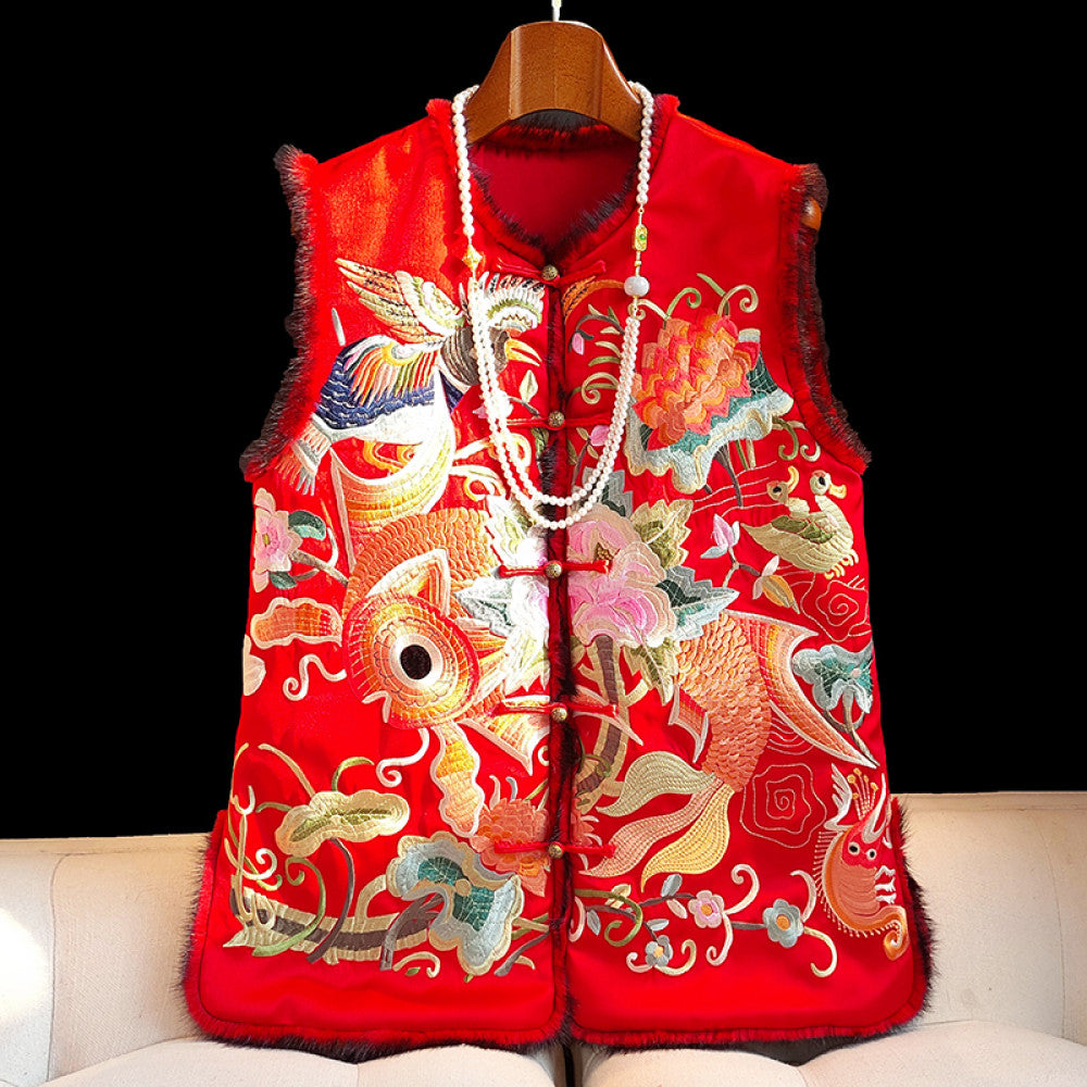 Red new Chinese style vinegar cotton vest women s winter retro heavy embroidery mink fur thick coat cotton jacket image 4
