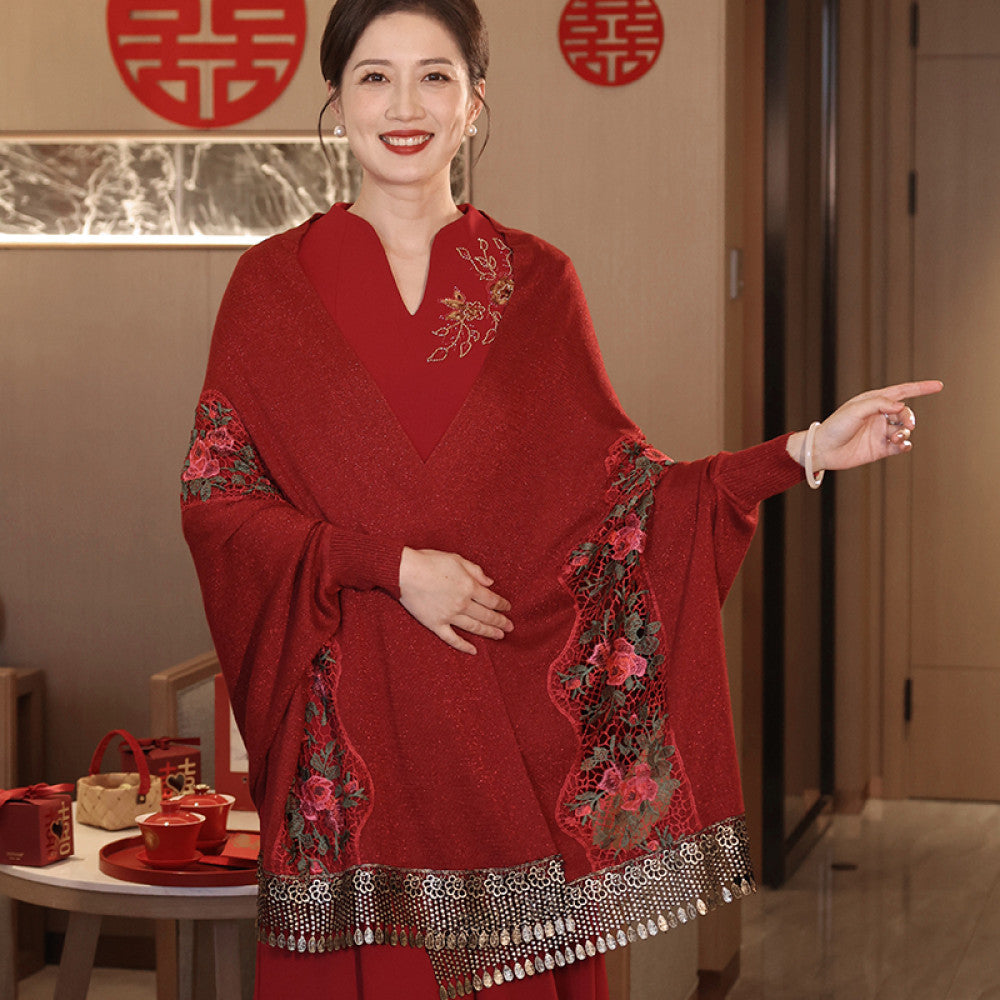 High end red matching with mother s cheongsam shawl 2023 new autumn and winter wedding banquet wedding dress Chinese style outdoor outfit image 9