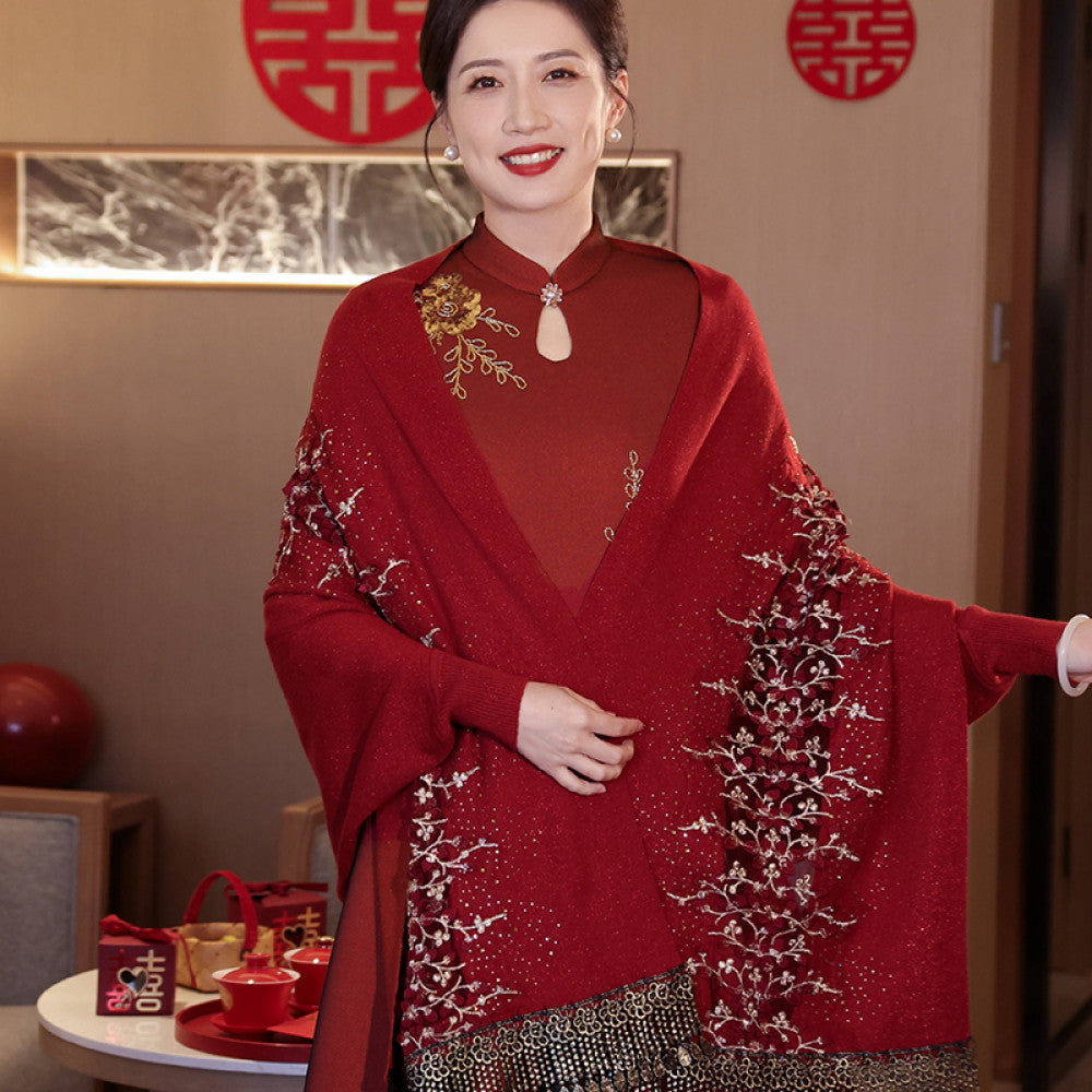 High end red matching with mother s cheongsam shawl 2023 new autumn and winter wedding banquet wedding dress Chinese style outdoor outfit image 11
