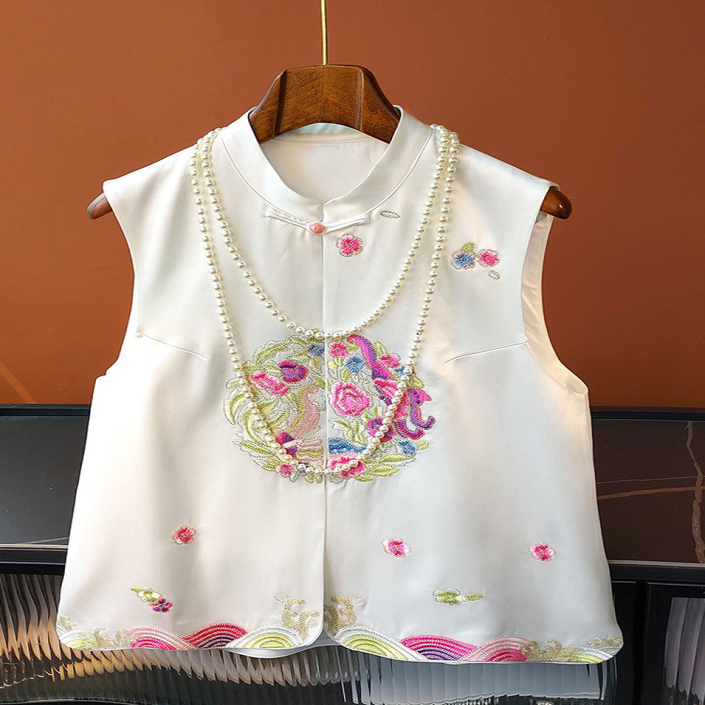 White retro buckle acetate satin vest for women in spring and summer improved new Chinese embroidery top paired with Tang style clothing image 6