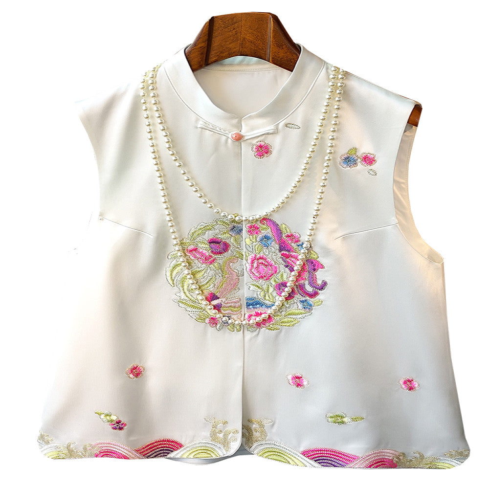 White retro buckle acetate satin vest for women in spring and summer improved new Chinese embroidery top paired with Tang style clothing image 10
