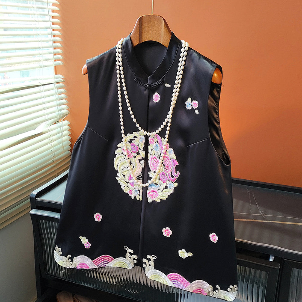 White retro buckle acetate satin vest for women in spring and summer improved new Chinese embroidery top paired with Tang style clothing image 18