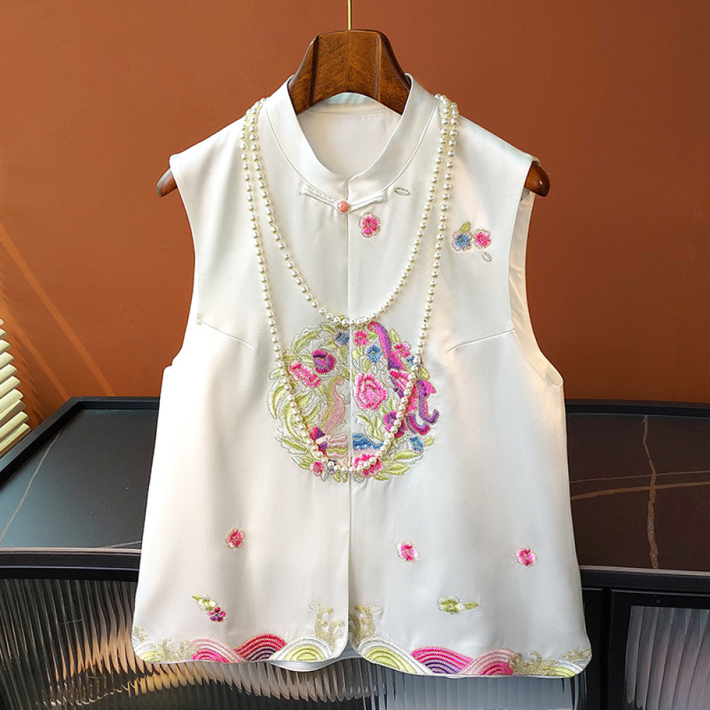 ASAYA2619 New Chinese style embroidered retro buckle acetate satin vest