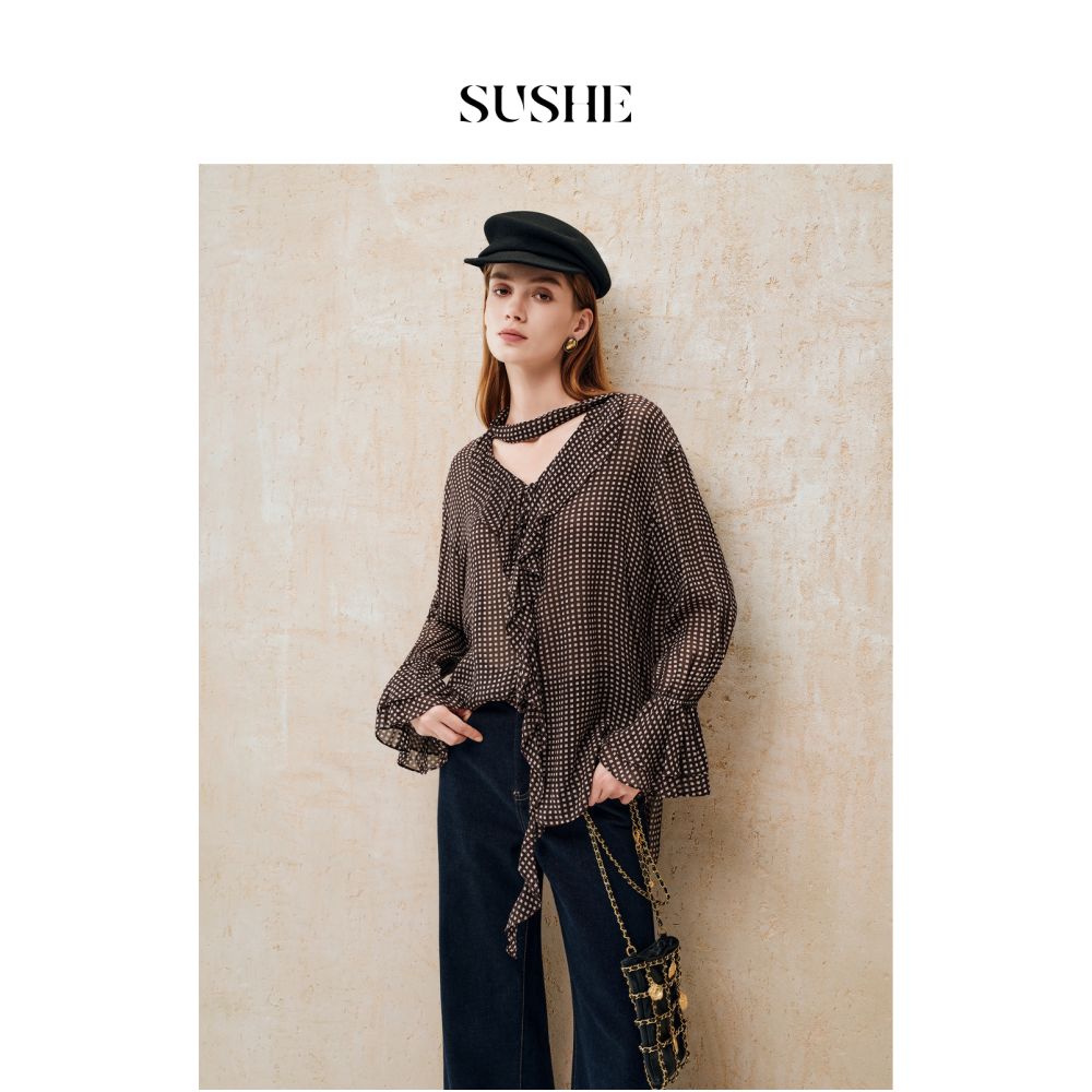 Shuxi SUSHE Sandalwood Retro Style Color Contrasting Grid Pattern Paddle Neck Ruffle Edge Trumpet Sleeve Lightweight Chiffon Shirt for Women image 3