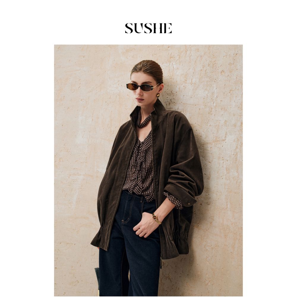 Shuxi SUSHE Sandalwood Retro Style Color Contrasting Grid Pattern Paddle Neck Ruffle Edge Trumpet Sleeve Lightweight Chiffon Shirt for Women image 4