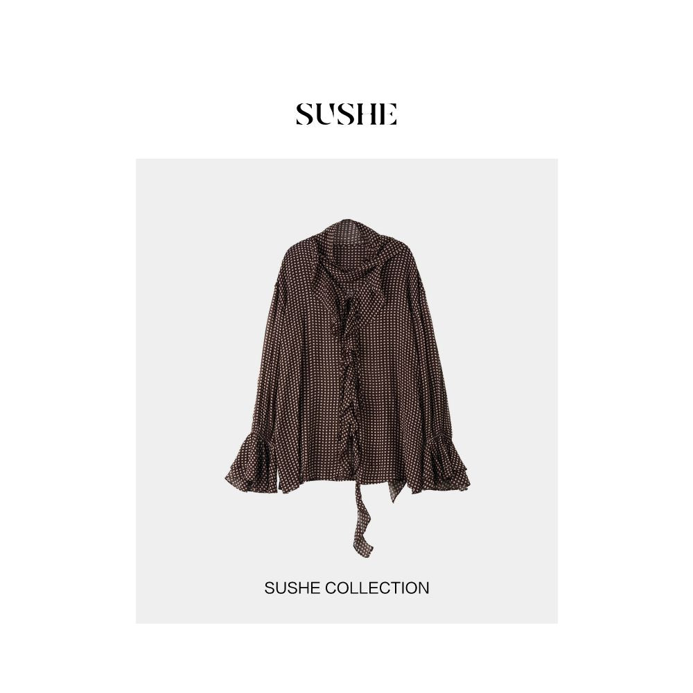 Shuxi SUSHE Sandalwood Retro Style Color Contrasting Grid Pattern Paddle Neck Ruffle Edge Trumpet Sleeve Lightweight Chiffon Shirt for Women image 6
