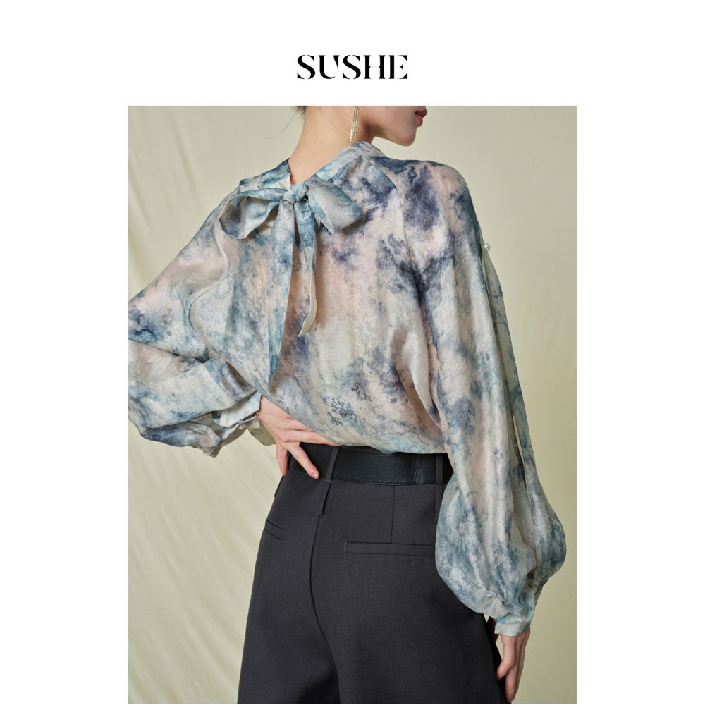 Shuxi SUSHE Xi Ying Tie Bow Tie Dyeing Design Artistic Commuter Shirt Women s Autumn Shirt image 2