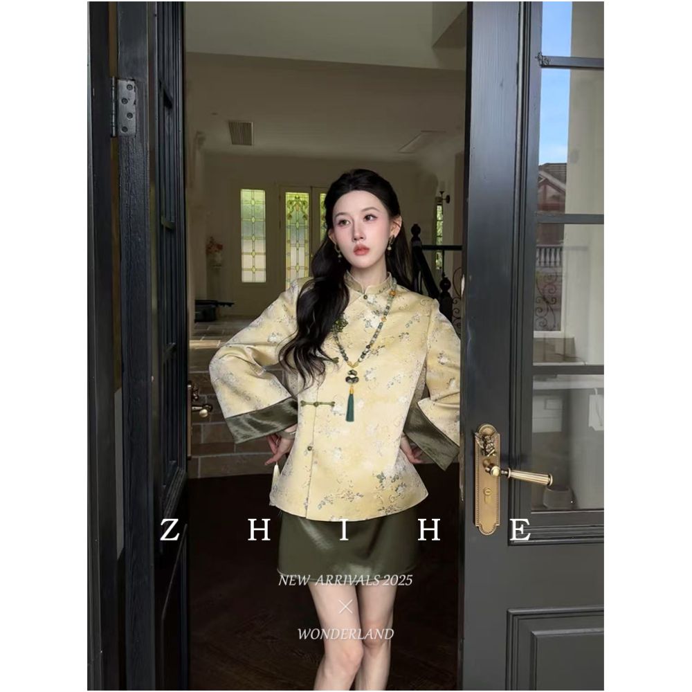 Wuyan Yihe Qing Wanshi Original New Chinese Gold Silk Jacquard Stand up Collar Coat Satin Shorts image 1
