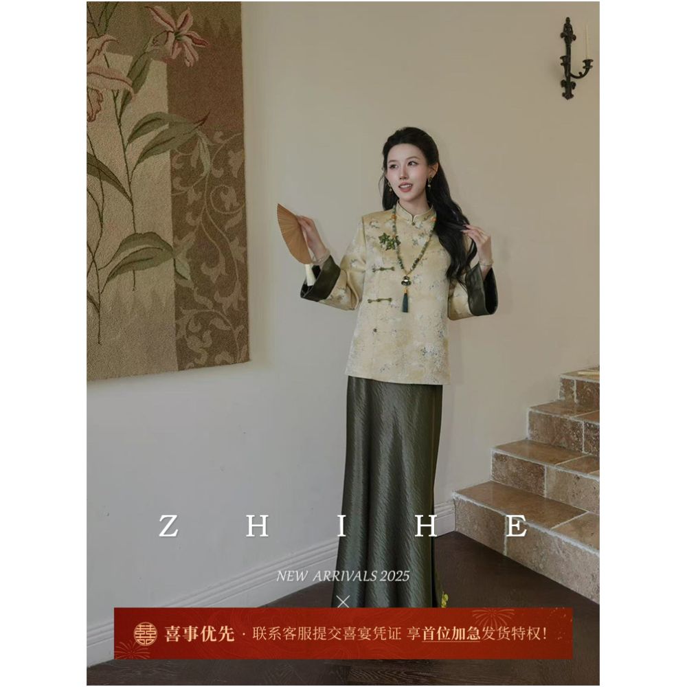 Wuyan Yihe Qing Wanshi Original New Chinese Gold Silk Jacquard Stand up Collar Coat Satin Shorts image 2