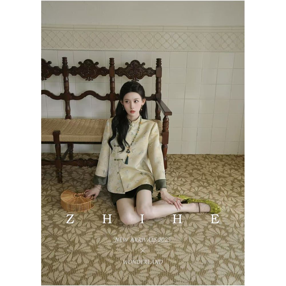 Wuyan Yihe Qing Wanshi Original New Chinese Gold Silk Jacquard Stand up Collar Coat Satin Shorts image 3