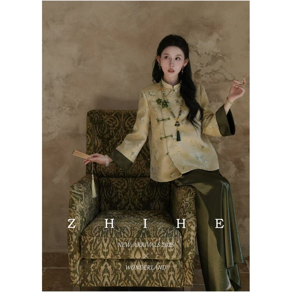 Wuyan Yihe Qing Wanshi Original New Chinese Gold Silk Jacquard Stand up Collar Coat Satin Shorts image 4