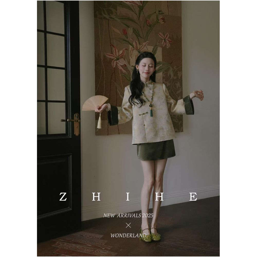 Wuyan Yihe Qing Wanshi Original New Chinese Gold Silk Jacquard Stand up Collar Coat Satin Shorts image 5