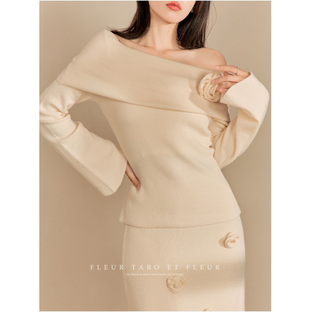 Qiao and Flower Bottle French Gentle Style One Shoulder Set 2025 New 3D Flower Beige Knitted Two Piece Set image 15
