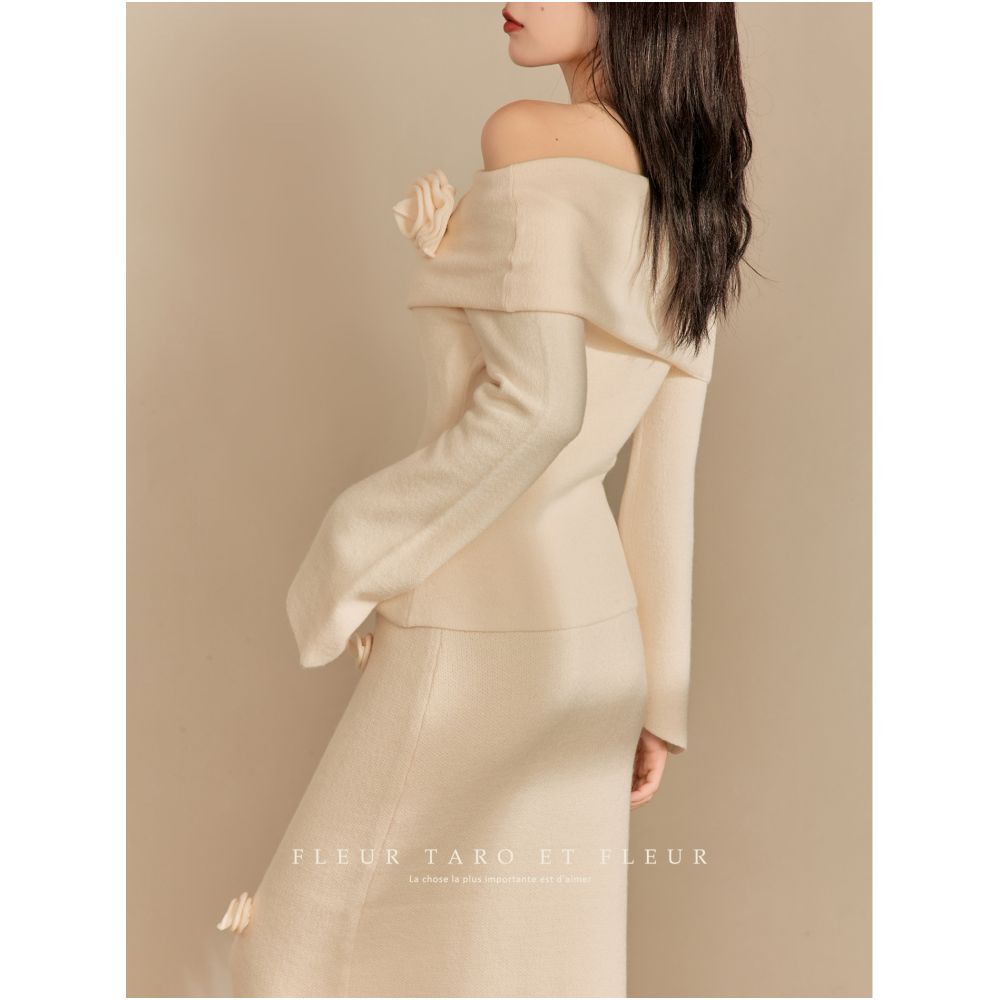 Qiao and Flower Bottle French Gentle Style One Shoulder Set 2025 New 3D Flower Beige Knitted Two Piece Set image 17