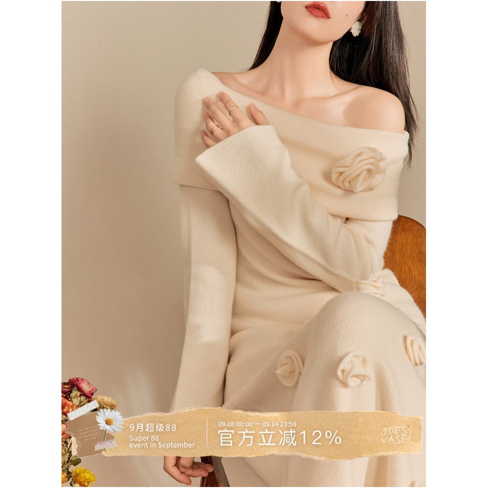 Qiao and Flower Bottle French Gentle Style One Shoulder Set 2025 New 3D Flower Beige Knitted Two Piece Set image 0