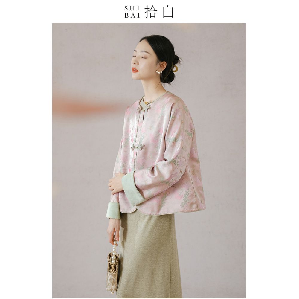 SHIBAI White Crane Pine Room Original New Chinese Coat Spring and Autumn New Jacquard Imitation Song Jin Pan Button Top image 2