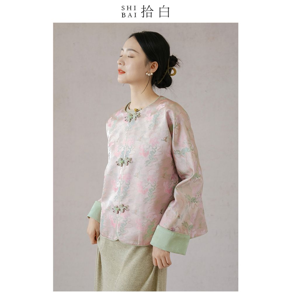 SHIBAI White Crane Pine Room Original New Chinese Coat Spring and Autumn New Jacquard Imitation Song Jin Pan Button Top image 3