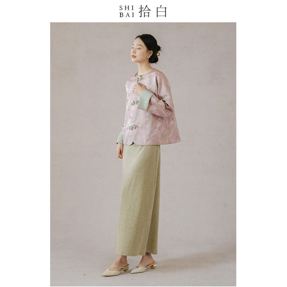 SHIBAI White Crane Pine Room Original New Chinese Coat Spring and Autumn New Jacquard Imitation Song Jin Pan Button Top image 4