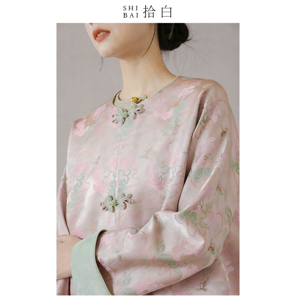 SHIBAI White Crane Pine Room Original New Chinese Coat Spring and Autumn New Jacquard Imitation Song Jin Pan Button Top image 5