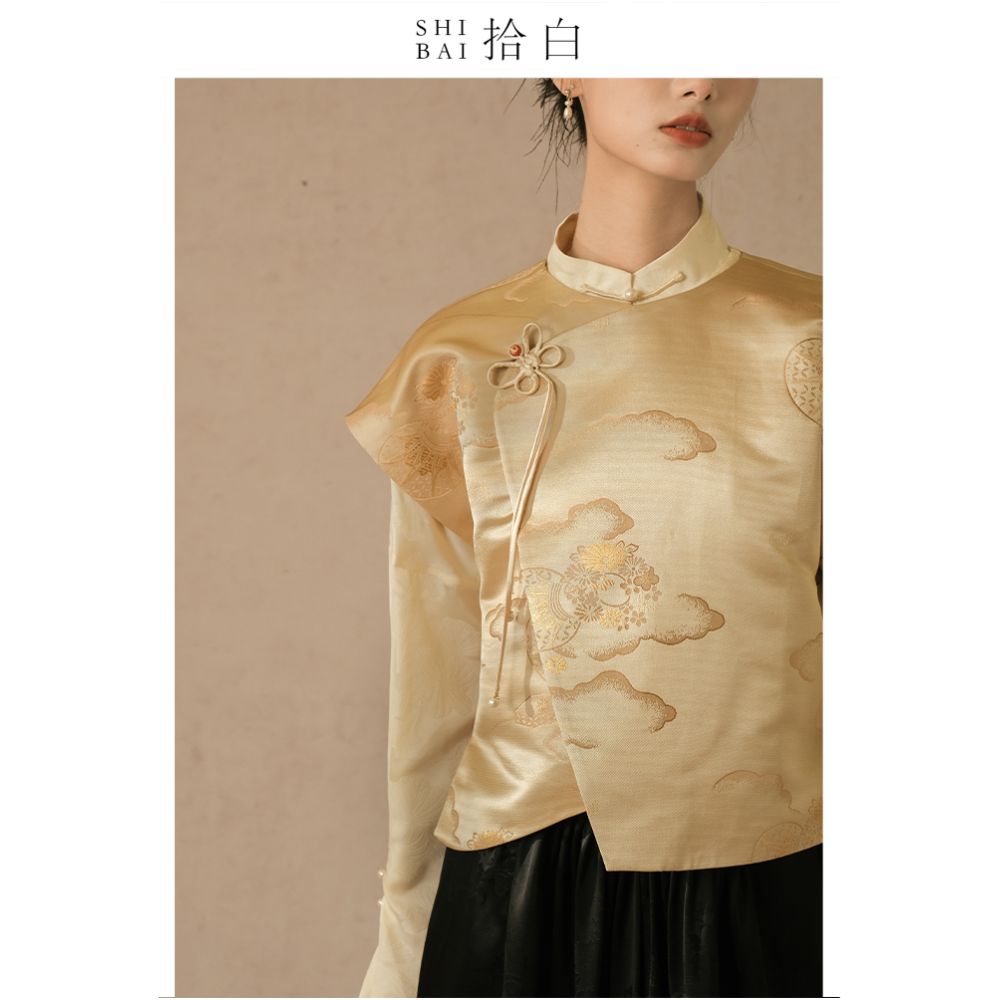SHIBAI Picking up White Auspicious Clouds Pine Crane New Chinese Style Vest Spring and Autumn Chinese Style Tang Costume Jacquard Buckle Improved Top image 1