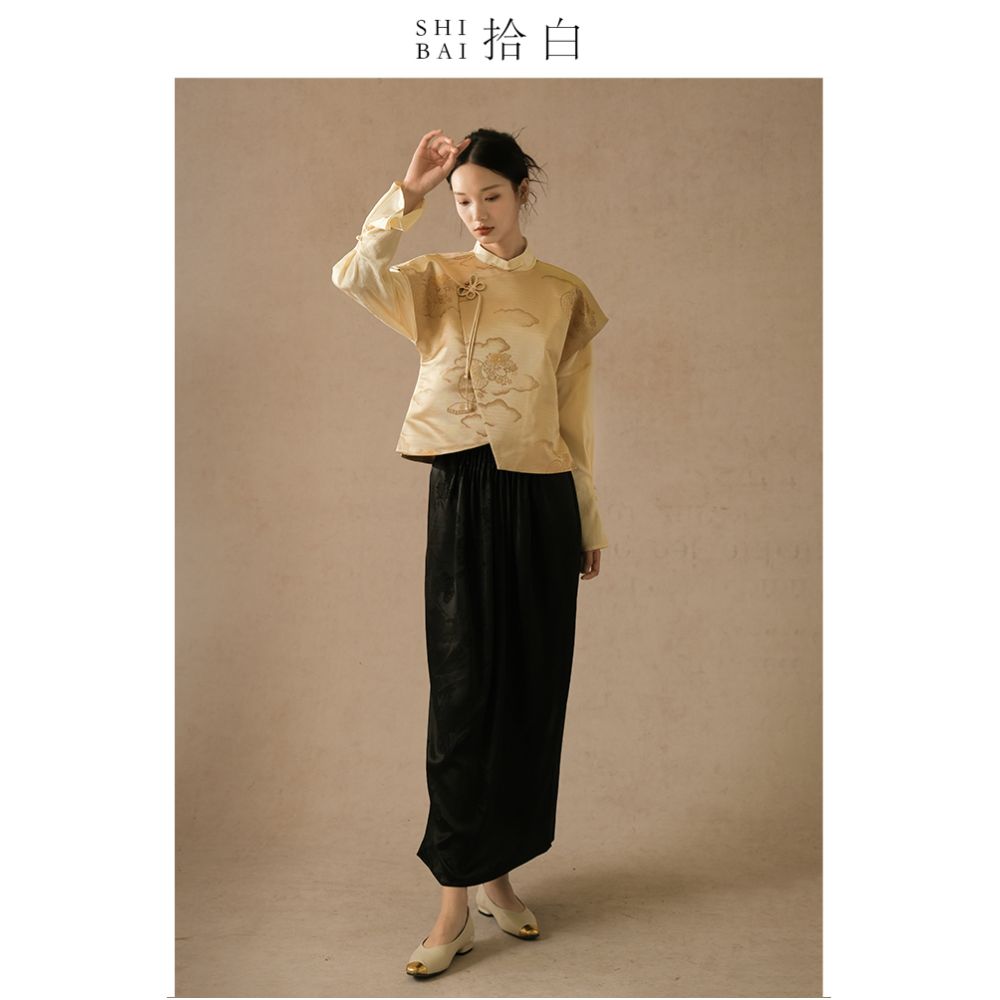 SHIBAI Picking up White Auspicious Clouds Pine Crane New Chinese Style Vest Spring and Autumn Chinese Style Tang Costume Jacquard Buckle Improved Top image 2