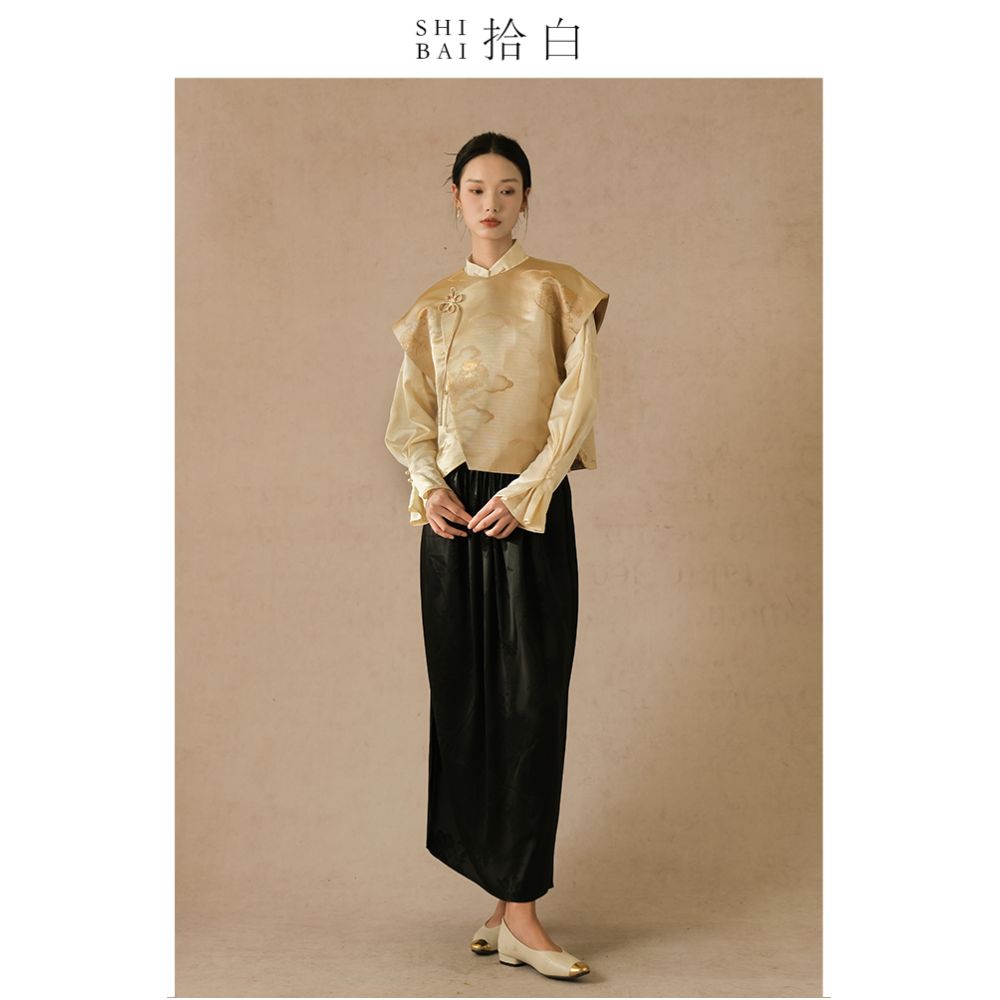 SHIBAI Picking up White Auspicious Clouds Pine Crane New Chinese Style Vest Spring and Autumn Chinese Style Tang Costume Jacquard Buckle Improved Top image 3