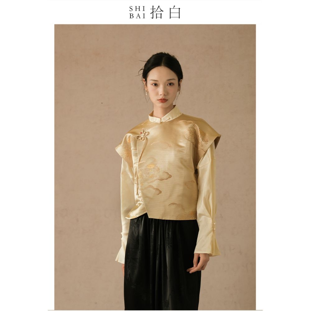 SHIBAI Picking up White Auspicious Clouds Pine Crane New Chinese Style Vest Spring and Autumn Chinese Style Tang Costume Jacquard Buckle Improved Top image 4