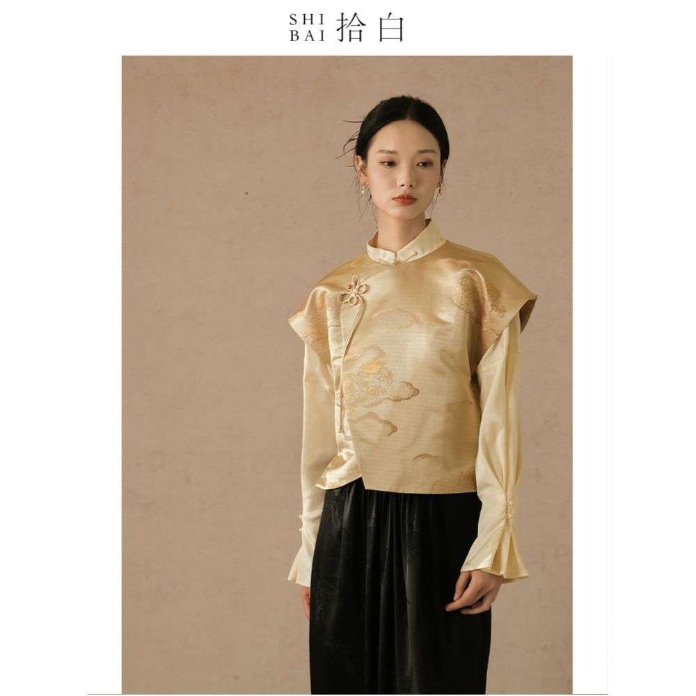 SHIBAI Picking up White Auspicious Clouds Pine Crane New Chinese Style Vest Spring and Autumn Chinese Style Tang Costume Jacquard Buckle Improved Top image 5