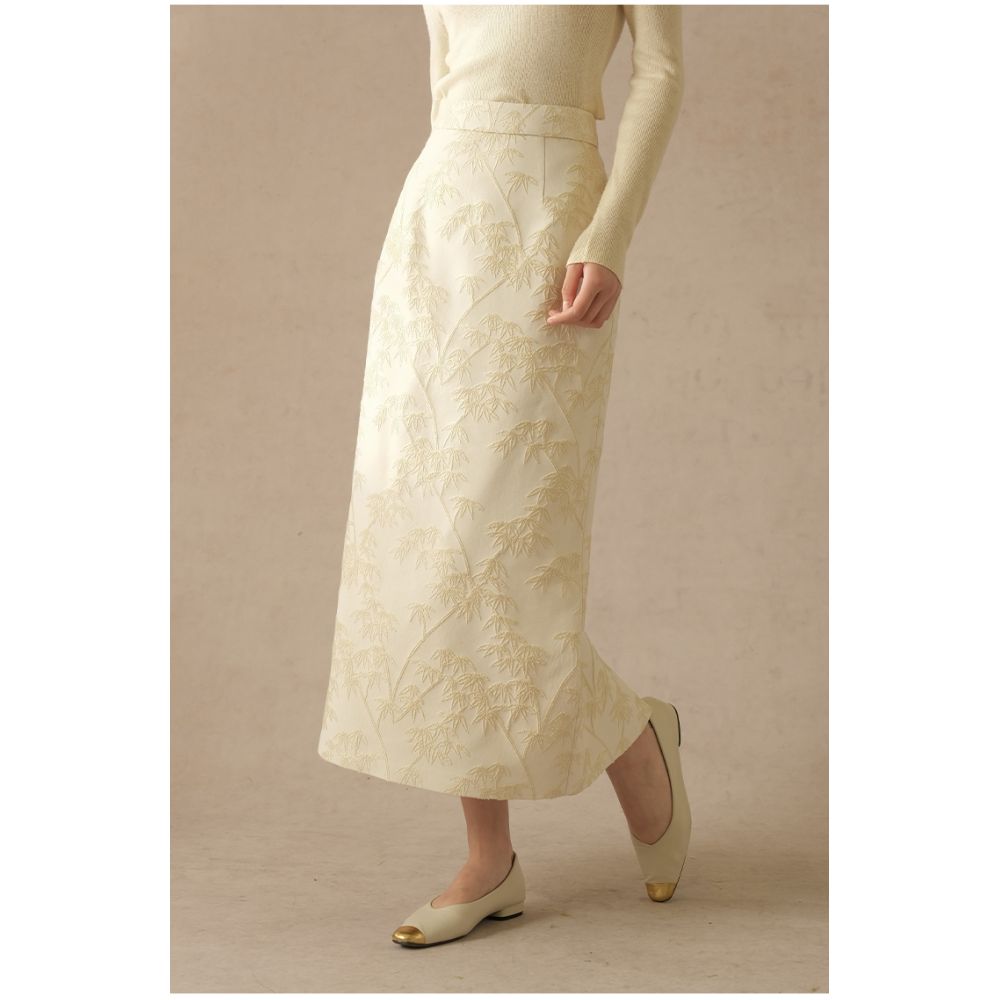 SHIBAI White New Chinese Style Set Three Dimensional Jacquard Bamboo Leaf Woolen Woven Coat Half Skirt Autumn Winter Original Chinese Style image 6