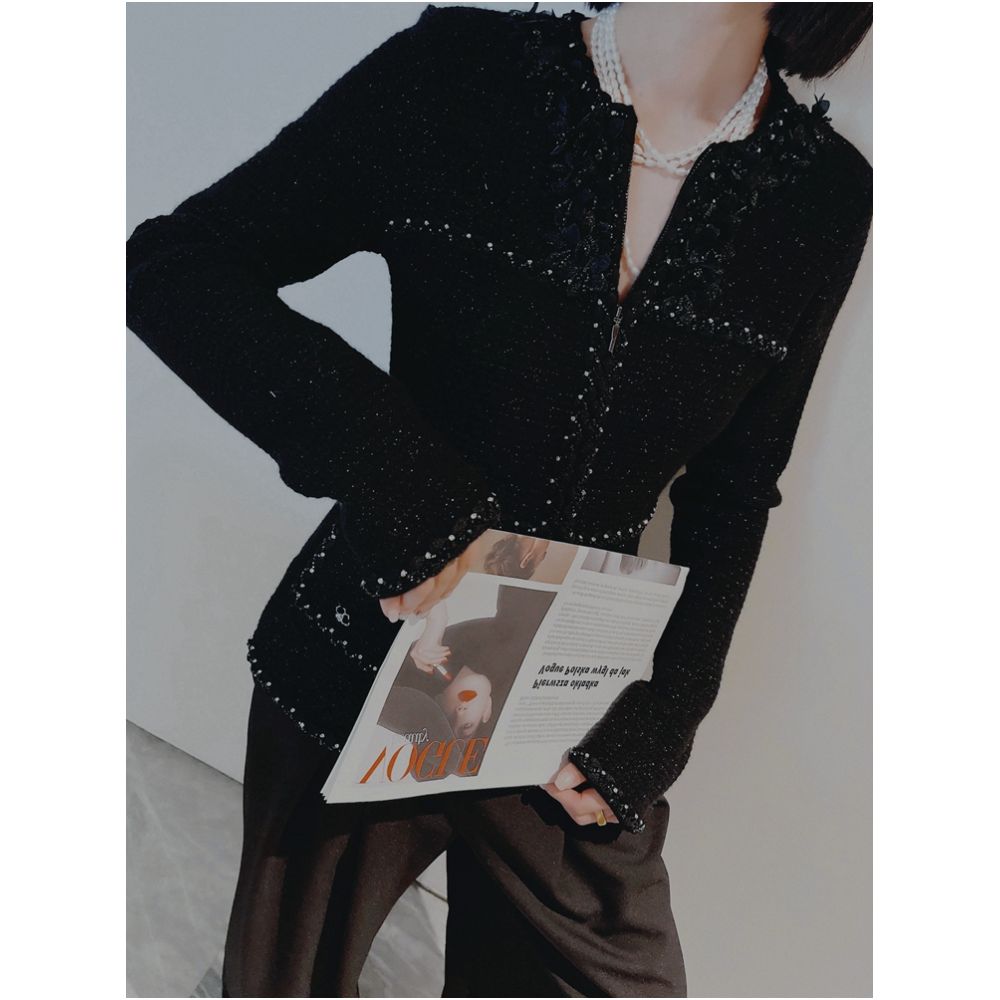 Luxury cashmere flower rhinestone French style small fragrance knitted cardigan with high end feel heavy coat sweater W4104 image 2