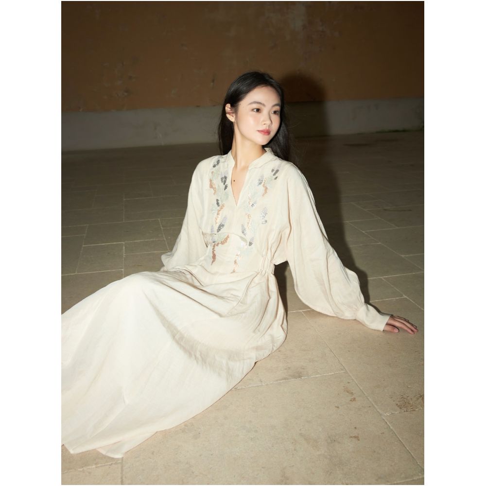 Designer hand drawn 3D sequin embroidery Lyocell ramie sand washed fabric slim fit retro dress image 1