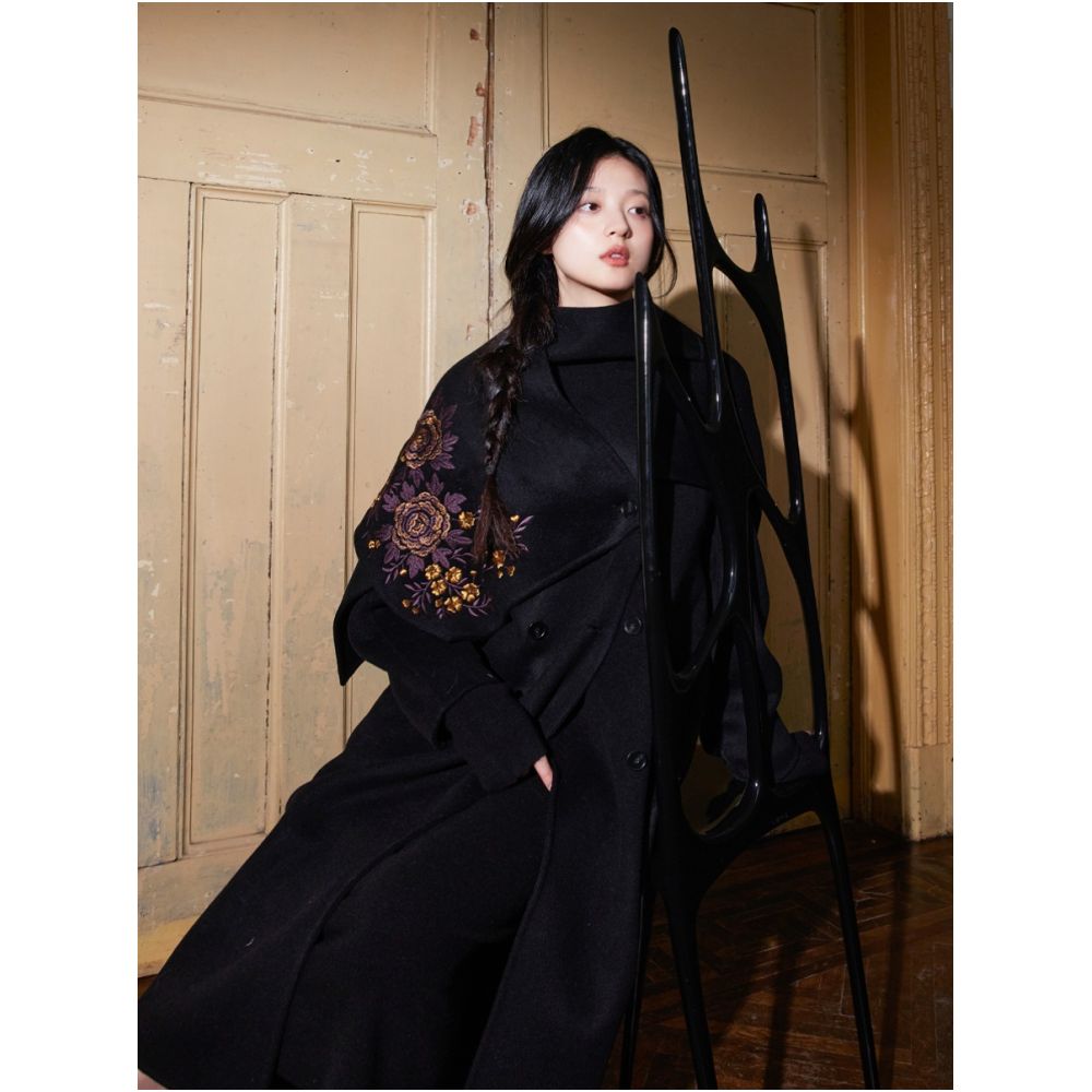 100 wool designer hand painted purple gold embroidered scarf fully handmade double sided woolen coat image 2
