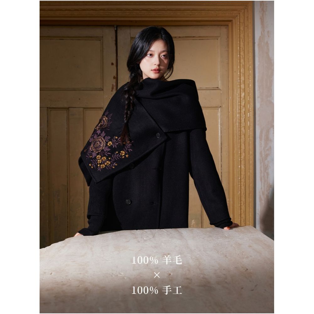 100 wool designer hand painted purple gold embroidered scarf fully handmade double sided woolen coat image 5