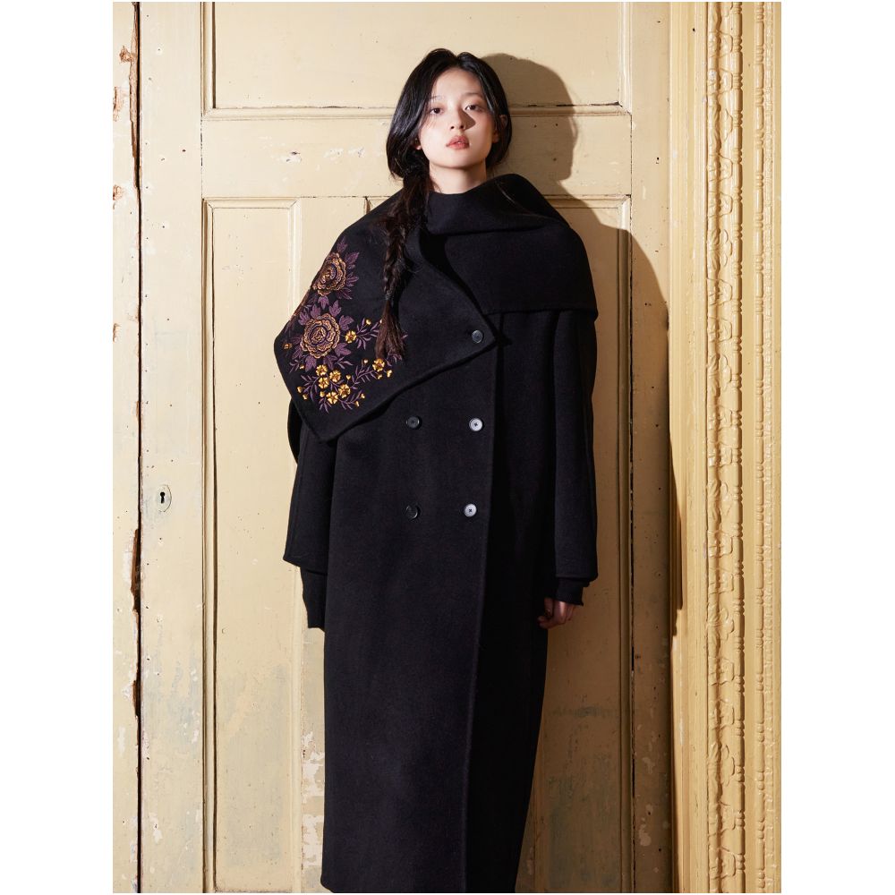 100 wool designer hand painted purple gold embroidered scarf fully handmade double sided woolen coat image 6