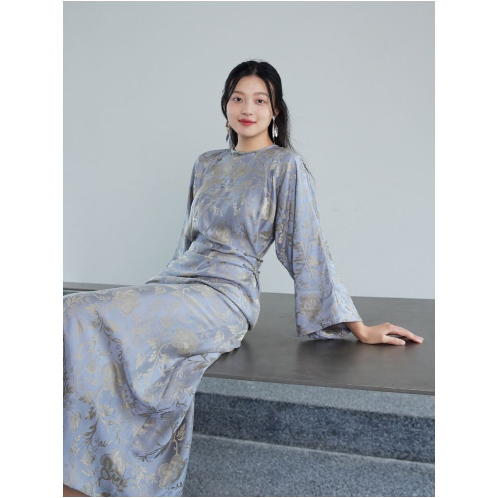 45 mulberry silk peony printed handmade buckle new Chinese style improved cheongsam skirt image 3