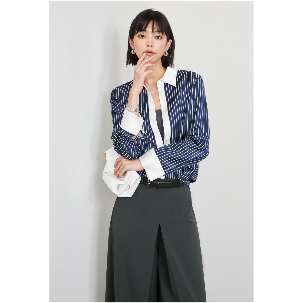 Le Samedi Wilde Pearl Stripe Lightweight Wind Bone Color Weaving Stripe Acetate White Contrast Shirt image 1