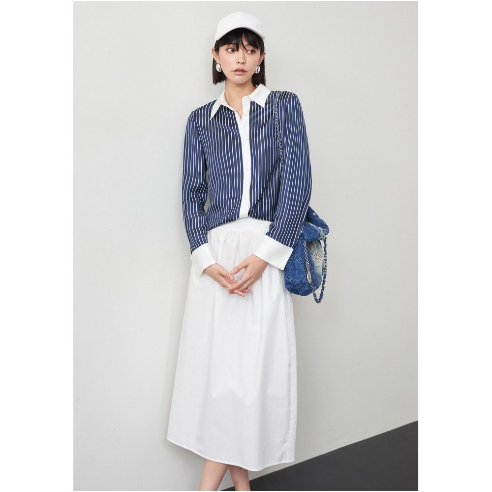 Le Samedi Wilde Pearl Stripe Lightweight Wind Bone Color Weaving Stripe Acetate White Contrast Shirt image 5