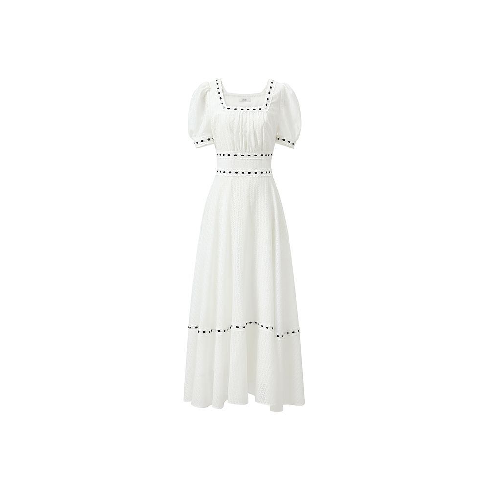 ASAYA2518 Danube Pearl Puff sleeve contrasting white jacquard dress