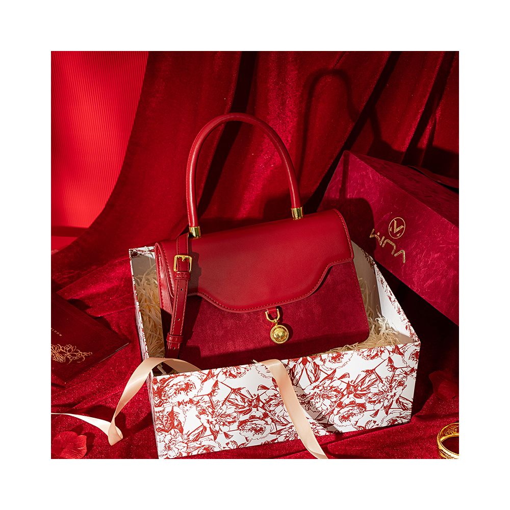 Luan Feng He Ming Red Velvet Wedding Bag Crossed Small Square Bag Premium Handheld Show Wofu Engagement Bridal Bag image 10