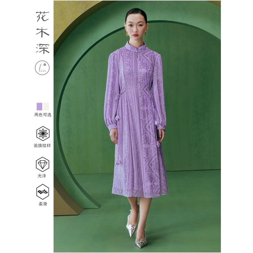 Jiang Qinqin s same style flower and tree deep new Chinese style improved cheongsam stand collar velvet dress temperament banquet dress image 5