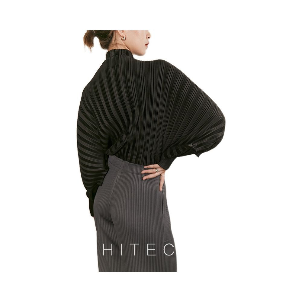 2024 Spring and Autumn New Three House Style Folded Long Sleeve T shirt Bottom Shirt Artistic Loose Pleats High Neck Top for Women image 7