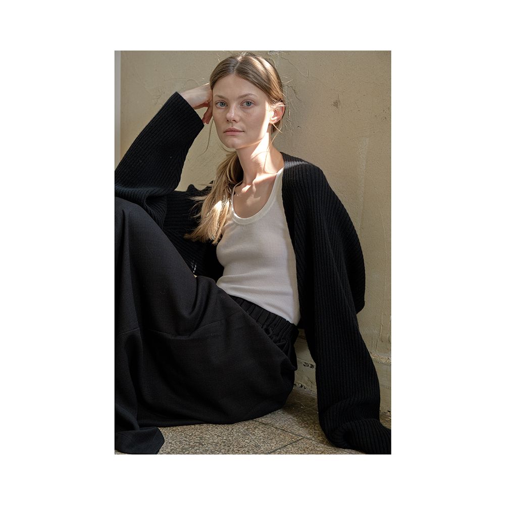 Whitecube pure wool knitted cardigan with cloud like texture paired with shawl scarf French blogger outfit for women image 8